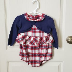 Cat & Jack plaid romper with cardigan and tights.